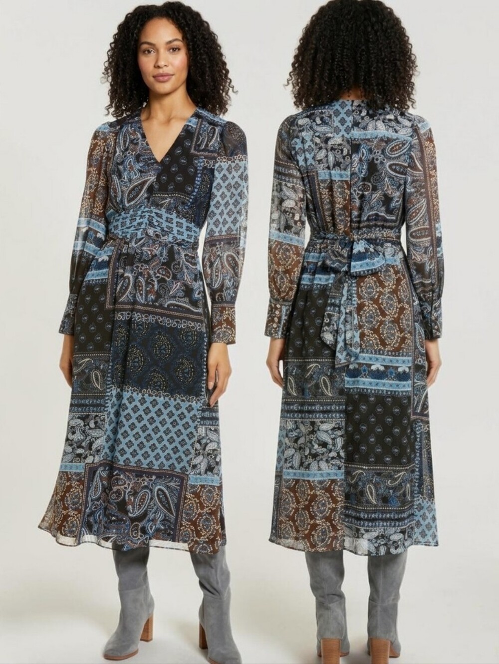 JULIA JORDAN Mixed Scarf Print Longsleeved Midi Dress - Size 6